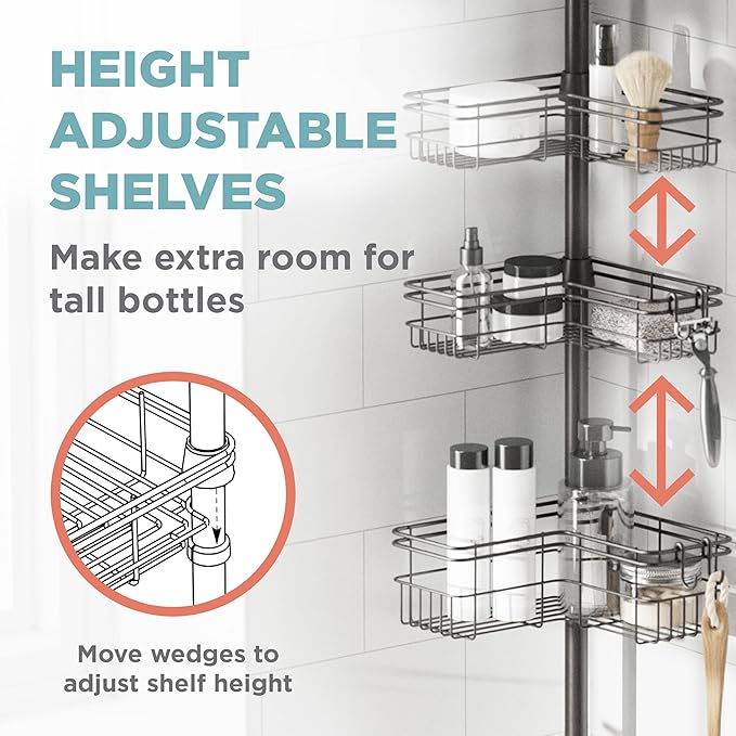 Zenna Home Tension Pole Shower Caddy Corner Organizer, Adjustable Standing Shower Caddy with 4 L-shaped Baskets and Hooks, Rust Resistant Bathroom Tension Rod Organizer, 60 to 97 Inch, Bronze