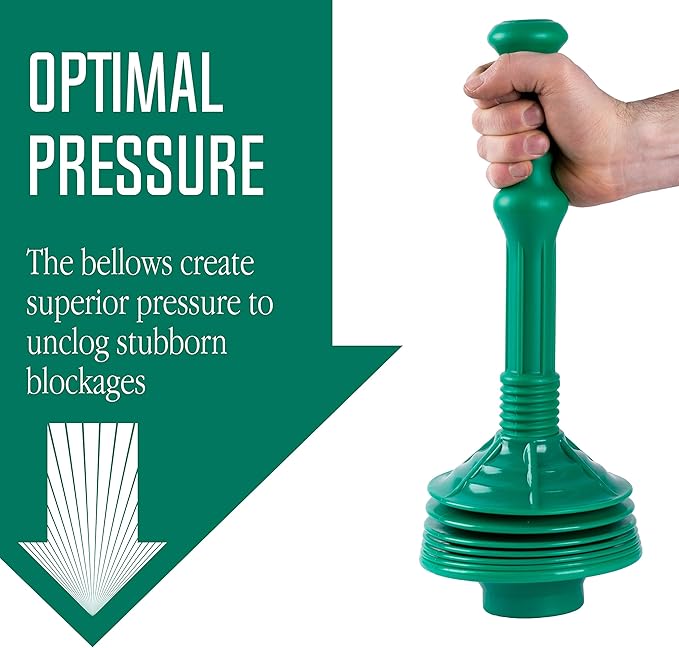 JS Jackson Supplies Professional Bellows Accordion Toilet Plunger, High Pressure Thrust Removes Heavy Duty Clogs from Clogged Bathroom Toilets, All Purpose Power Plungers for Bathrooms, Green