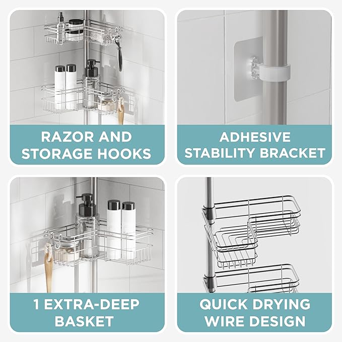 Zenna Home Tension Pole Shower Caddy Corner Organizer, Adjustable Standing Shower Caddy with 4 L-shaped Baskets and Hooks, Rust Resistant Bathroom Tension Rod Organizer, 60 to 97 Inch, Satin Nickel