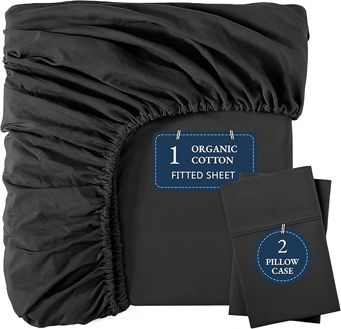 LANE LINEN 100% Organic Cotton Fitted Sheet Queen (+Pillowcases) 3-Piece Set Soft & Comfy Hotel Style Percale Weave Sustainably Produced Queen Size Fitted Sheet only 15" Deep - Black Fitted Sheet