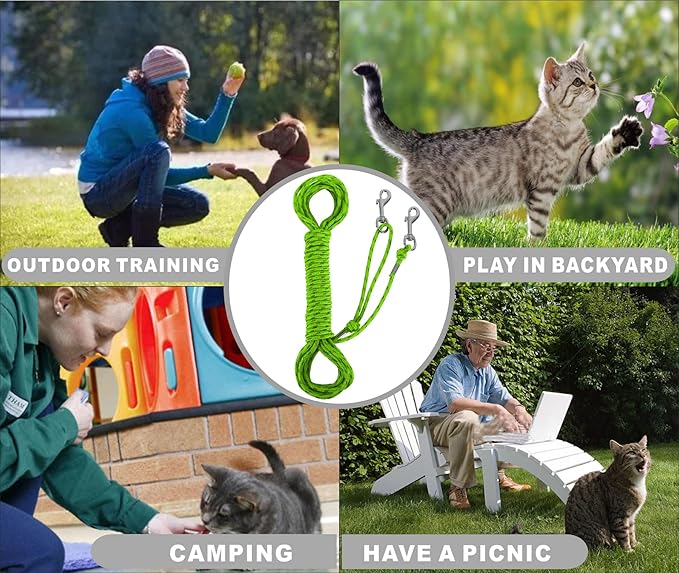 Reflective Cat Leash -30FT Cat Cable Out Escape Proof Walking Leads Yard Long Durable Safe Leash Traning Play Outdoor for Puppies/Kittens/Small Animals(Green)