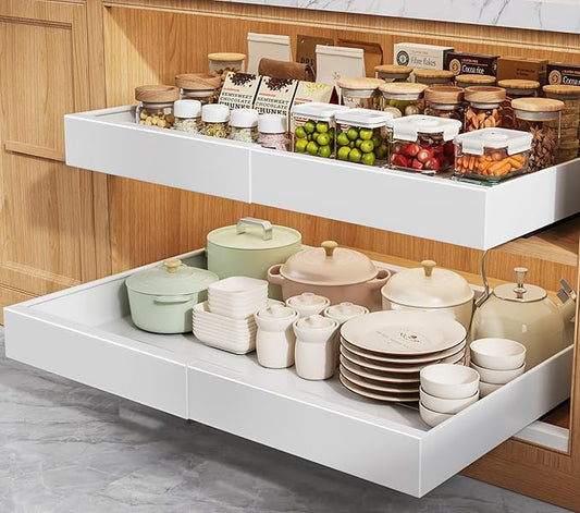 2 Pack Pull Out Cabinet Organizers 21" Deep With Raising Pad for Framed Cabinets, Expandable Width (15.2"-26.3") Slide Out Drawers Upgrade 3 Slide Rails, Roll Out Shelves Adhesive, White