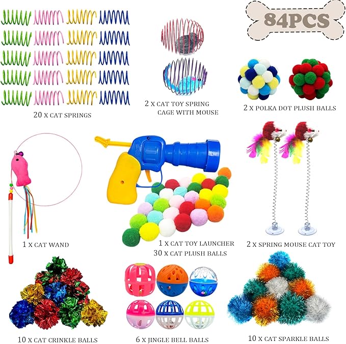 HerMia Cat Toys Bulk, Interactive Kitten Toys Variety Pack for Indoor Cats 84 Pieces