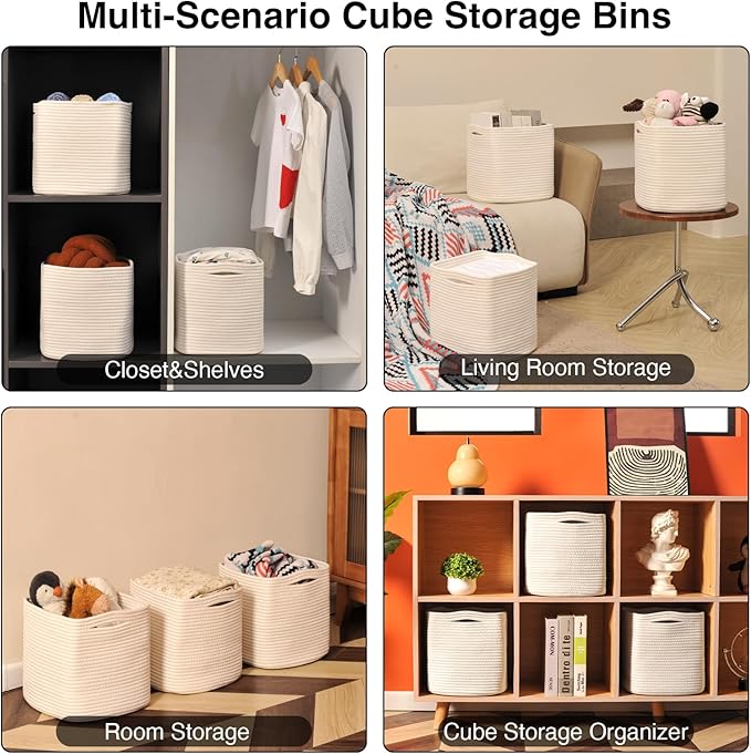 13 Inch Cube Closet Storage Bins, Woven Cotton Rope Organizer Baskets for Organizing & Shelves, Books, Towels, Clothes, Toys, 13x13x13 in, Off White (Pack of 3)