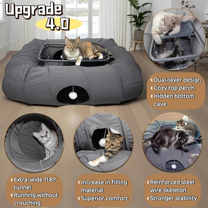 XxingSheep 2-Tier Cat Tunnel & Hammock Bed XXL, 4 Cave Shuttle with Elevated for Multiple Cats Toy Dark Grey