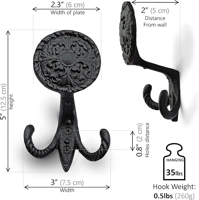 Ambipolar 3-Pack Fleur de lis Plate Style Coat Hooks, Vintage Black Hooks for Coats, Hats, and More, Sturdy Cast Iron Construction, Rustic Farmhouse Theme, Easy Installation Versatile and Durable