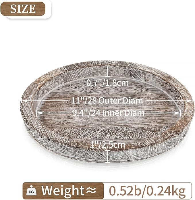 Hanobe Decorative Tray for Coffee Table: Round Candle Plate Holder Centerpieces for Dining Room Kitchen - Wooden Farmhouse Tray Vintage Home Decor