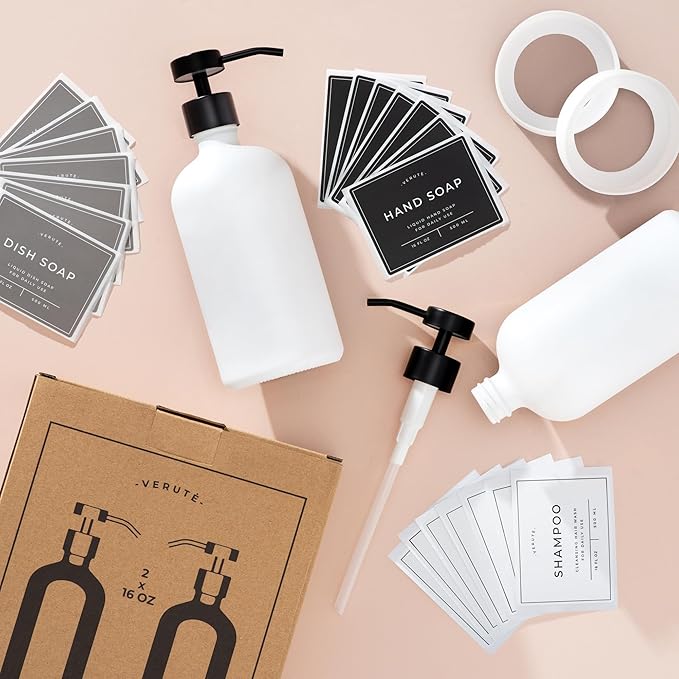 16oz Glass Soap Dispenser with Stainless Steel Pump, 21 Waterproof Labels, Non-Slip Protective Silicone Pad, Set of 2 for Bathroom & Kitchen (Matte White Bottle/Black Pump)