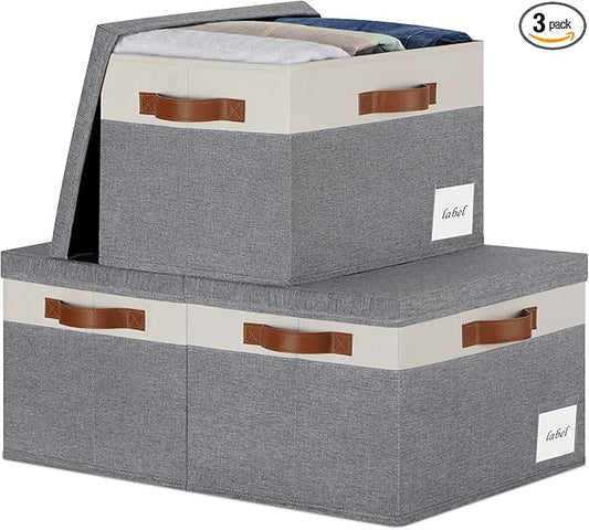 Large Storage Bins with Lids, Foldable Fabric Storage Baskets with Lids, Sturdy Storage Boxes with Labels and 3 PU Handles for Closet Home Bedroom Office (26L, 3 Packs, Grey&White)