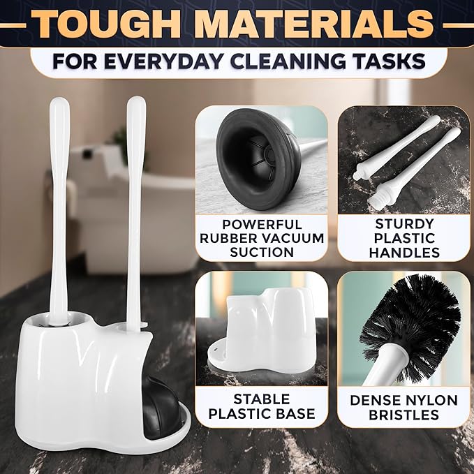 2-in-1 White Toilet Brush and Plunger Set with Holder – Compact Bathroom Cleaning Combo, Strong Rubber Plunger & Stiff Bristle Brush, Space-Saving Stand, Fits Most Standard Toilets, 9.3×6.3×15.2 inch