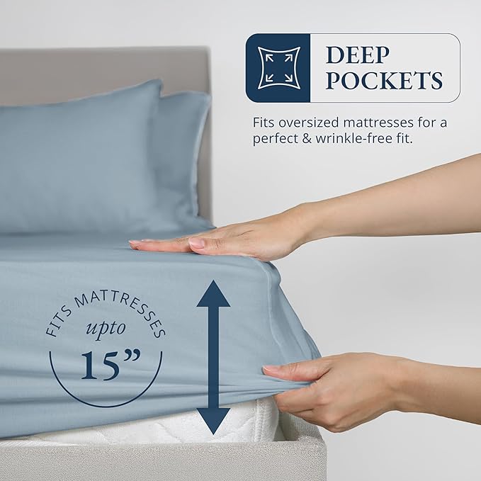 LANE LINEN 100% Organic Cotton Fitted Sheet Queen Size - 3 Pc Set (1 Fitted Sheet, 2 Pillowcases), Soft Percale Weave, Soft, Breathable, Fits Mattress Upto 15" Deep - French Blue (No Flat Sheet)