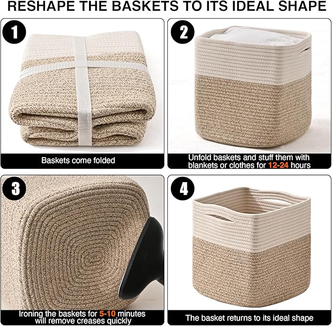 13 Inch Cube Closet Storage Bins, Woven Cotton Rope Organizer Baskets for Organizing & Shelves, Books, Towels, Clothes, Toys, 13x13x13 in, Off White & Brown (Pack of 3)