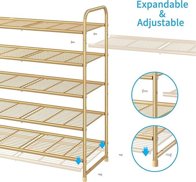 Simple Trending 5-Tier Stackable Shoe Rack, Expandable & Adjustable Shoe Organizer Storage Shelf, Wire Grid, Golden Yellow