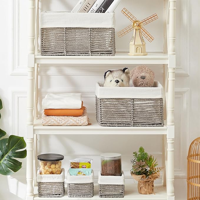 Vagusicc Wicker Storage Basket, Hand-Woven Paper Rope Wicker Baskets, Rectangular Small Wicke Baskets for Organizing, Cube Storage Bins for Closet/Clothes/Dresser, Grey, 5-Pack