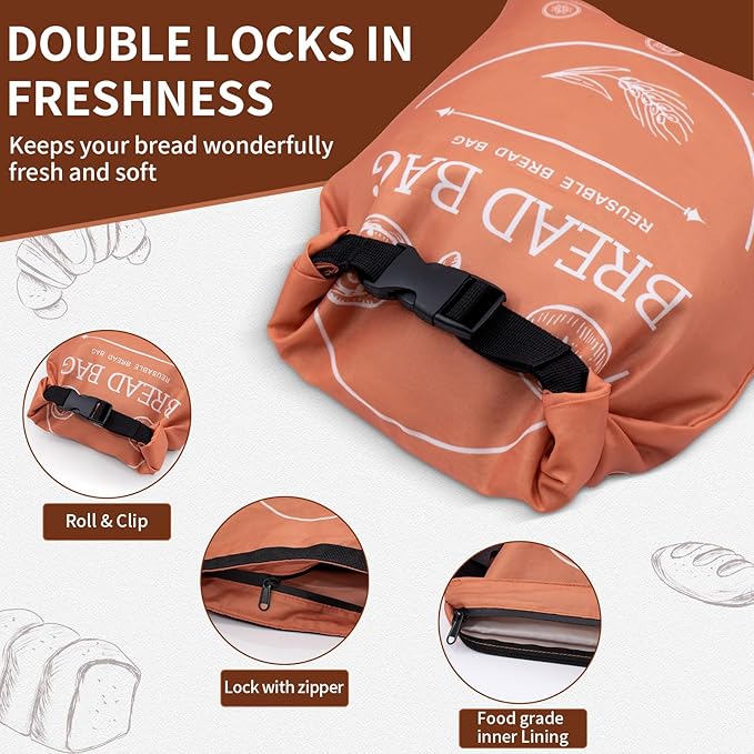 Bread Bags for Homemade with Beeswax Wrap - Zipper Reusable Bread Bag for Sourdough 2-Pack, Reusable Food Storage Bag to Keep Sourdough Fresh, Freezer-Safe, Eco-Friendly (Orange&Grey)