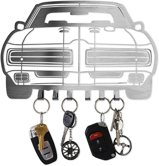 MOOH Metal Automotive Key Holder with 6 Hooks - Unique Wall Mounted Car Lovers Gifts for Men & Women - Cool Man Cave Decor (Pontiac GTO 1969, Stainless Steel)