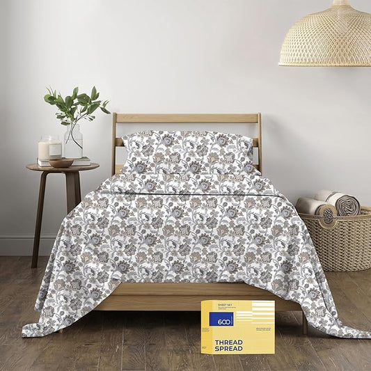 THREAD SPREAD 100% Egyptian Cotton Printed Bed Sheets - 600 Thread Count 4 PC Full Sheet Set, Hotel Luxury Sateen Bedsheets, 16" Deep Pocket Soft Cooling Sheets for Full Size Bed - Floral Ivory