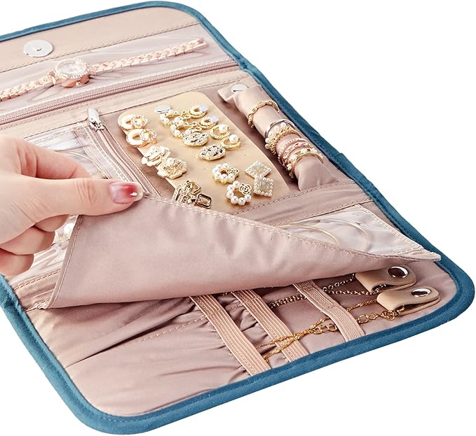 BELALIFE Travel Jewelry Case Organizer, Foldable Storage Roll for Earrings, Necklaces, Rings, Bracelets, Brooches, Lake-Blue