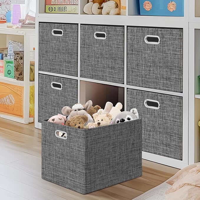 Posprica 15.12"x12.13"x12.01" Storage Cube Bins, Linen Decorative Closet Storage Organizer for IKEA Kallax, 4 Pack Fabric Foldable Large Storage Baskets for Closet, Shelves, Clothes, Toy (Black)