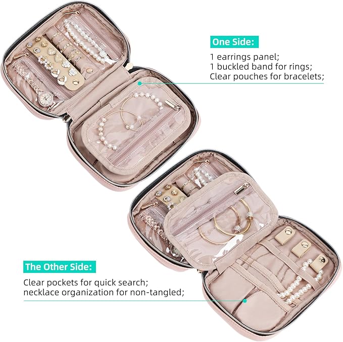 NISHEL Travel Jewelry Case, Holiday Organizer for Necklaces, Earrings, Rings, Bracelets, Watch, Small Size,Pink