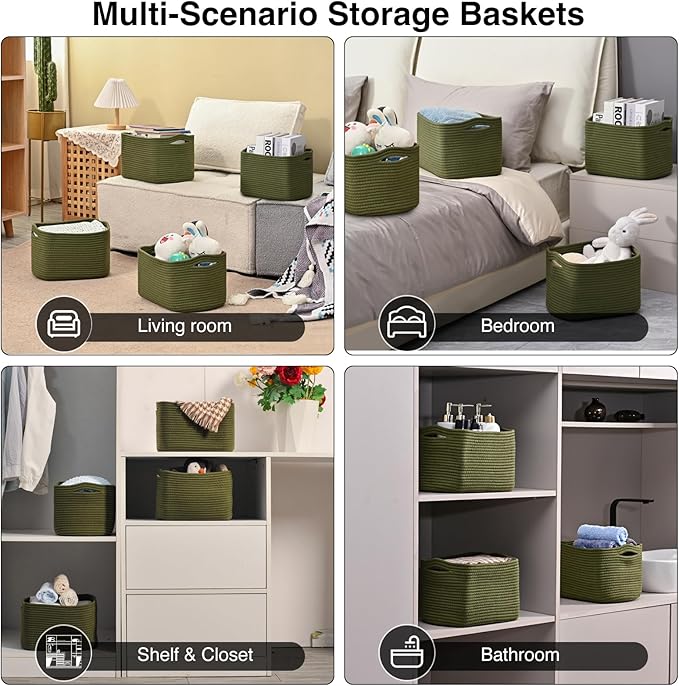 Storage Basket for Shelves, Small Baskets for Organizing, Woven Cotton Rope Baskets for Storage, Book Basket, Decorative Shelf Basket, 12.5"Lx9.1''Wx7.9''H (4 Packs) Green