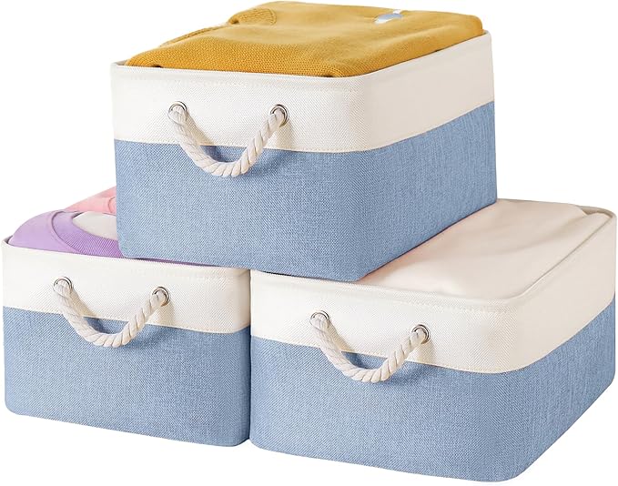 Storage Bins with Sturdy Cotton Handles(3 Pack), Fabric Storage Baskets for Organizing use for Office & Home, Book, Clothes, Toys, Closet Boxes (Small, Blue-White, 12.2x8.3x6.3 inches)