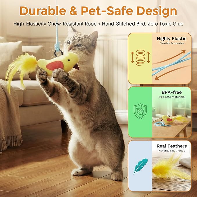 Interactive Cat Toys for Indoor Cats - 2 in 1 Automatic Laser Pointer Cat Toy with Feather Flying Bird，Smart Moving Mouse Wand Toy, Auto On/Off Hanging Toys for Bored Kitten & Adult Cats(Grey)