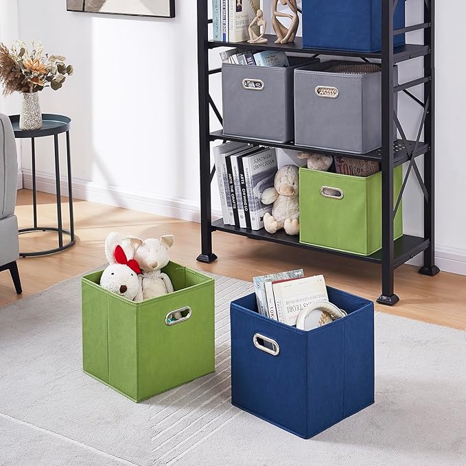 11 Inch Fabric Collapsible Storage Cubes,6 Pack Colored Closet Storage Bins with Metal Handles Foldable Cube Baskets for Organizing Clothes, Toys, Books（Green, Gray, Dark Blue）