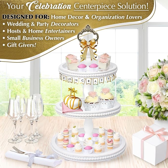 [3-in-1] Wooden Tiered Tray Stand - Beaded 3 Tiered Tray Decor Wood Cupcake Stand for Farmhouse Country Rustic Home - 3 Tier Stand [with 3 Changeable Handles] by Felt Creative Home Goods (White)