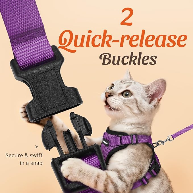 Dooradar Cat Harness and Leash Set, Escape Proof Safe Adjustable Kitten Vest Harnesses for Walking, Easy Control Soft Breathable Mesh Jacket with Reflective Strips for Cats, Purple, S