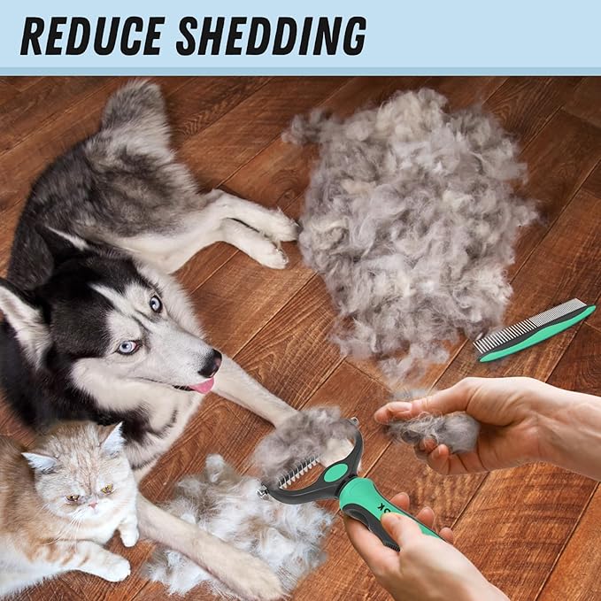 Pet Grooming Brush and Metal Comb Combo, Cat Brush Dog Brush for Shedding, Undercoat Rake for Dogs Grooming, Dematting Deshedding Brush Dogs Shedding Tool for Long matted Haired Pets, Green