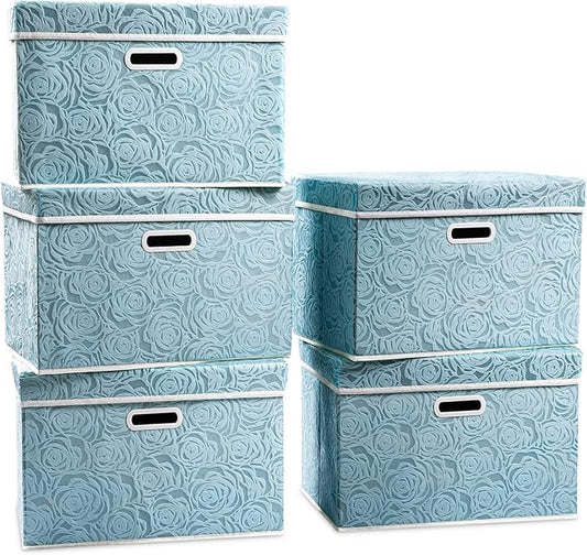 PRANDOM Stackable Storage Cubes with Lids [5-Pack] Fabric Decorative Storage Box Bins Organizer Containers Baskets with Cover Handles Divider for Bedroom Closet Living Room Blue 14.9x9.8x9.8 Inch