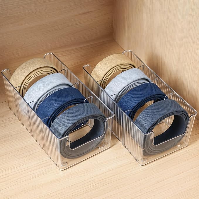 2-Pack Belt Storage Organizer, Acrylic Belt Organizer with 8 Detachable Compartments, Clear Belts Holder for Closet & Drawer, Fits Most Sizes, Space-Saving Design for Ties, Bows & Jewelry