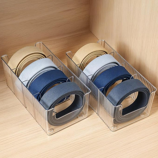 2-Pack Belt Storage Organizer, Acrylic Belt Organizer with 8 Detachable Compartments, Clear Belts Holder for Closet & Drawer, Fits Most Sizes, Space-Saving Design for Ties, Bows & Jewelry