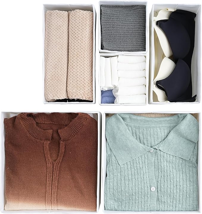 TYEERS Drawer Organizers, Durable Fabric, Washable, with Base Support Boards, Small Storage Boxes for Bathroom, Closet, Dresser, Set of 12, White