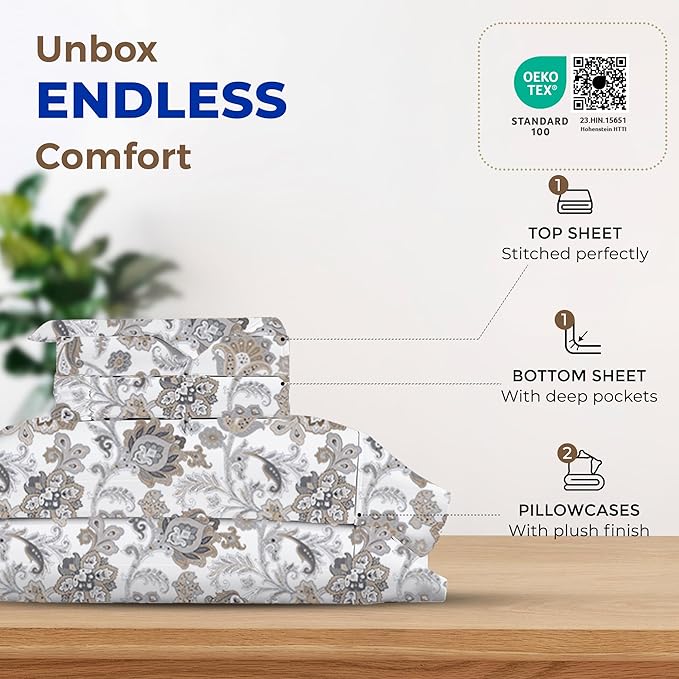 THREAD SPREAD 100% Egyptian Cotton Printed Bed Sheets - 600 Thread Count 4 PC Full Sheet Set, Hotel Luxury Sateen Bedsheets, 16" Deep Pocket Soft Cooling Sheets for Full Size Bed - Floral Ivory