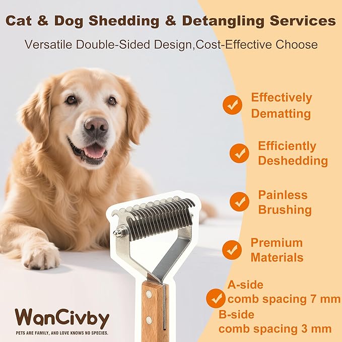 Dog Grooming Brush 2-in-1 - Undercoat Rake & Dematting Tool, Effective Shedding Control for Detangling All Dog Sizes