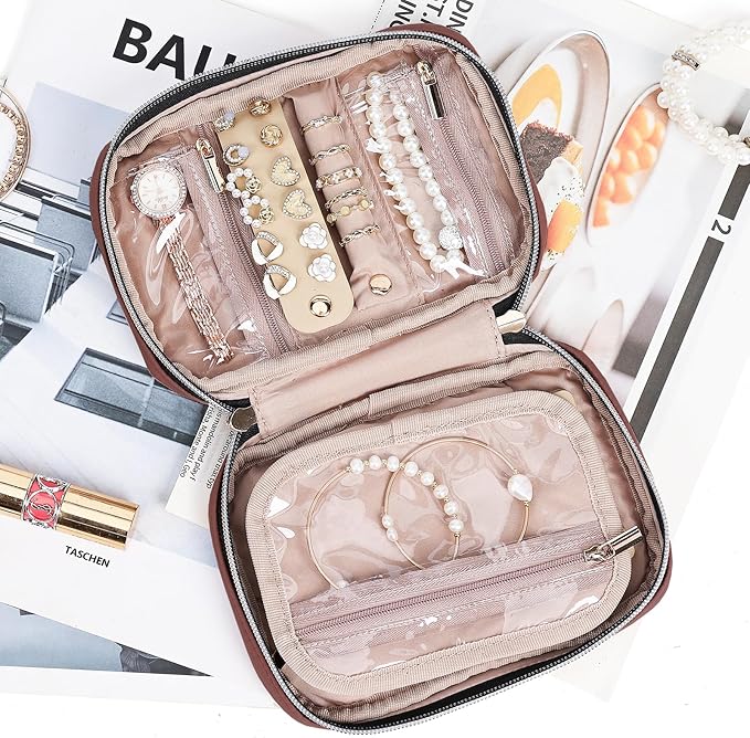 NISHEL Travel Jewelry Case, Holiday Organizer for Necklaces, Earrings, Rings, Bracelets, Watch,Small,Rosewood-Pink