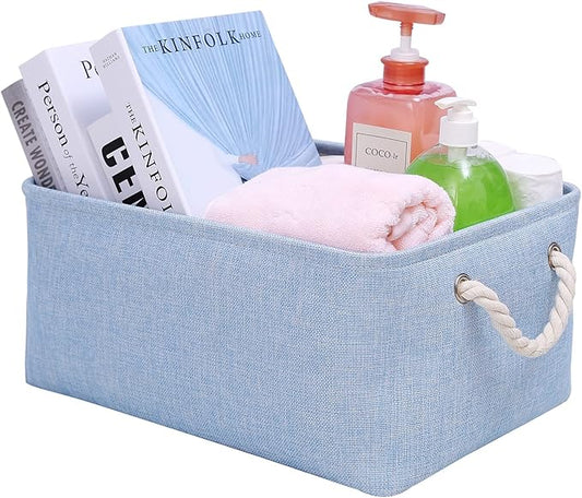 Storage Bins with Sturdy Cotton Handles(1 Pack), Fabric Storage Baskets for Organizing use for Office & Home, Book, Clothes, Toys, Closet Boxes (Small, Blue, 12.2x8.3x6.3 inches)