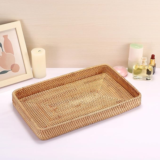 Hipiwe Rattan Serving Tray Large Wicker Storage Basket Tray for Organizing Rectangular Decorative Woven Trays Snacks Fruit Wicker Basket for Coffee Table Bathroom Home Decor,14.8"x 9.0"x1.8"