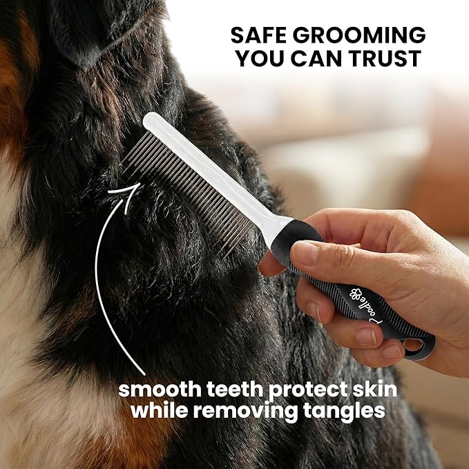 POODLIE Poodle Pet Dog Combs for Grooming Matting - Metal Comb for Dogs with Long & Short Stainless Steel Teeth - Dematting Comb for Cats to Remove Matted Hair & Knots, Black