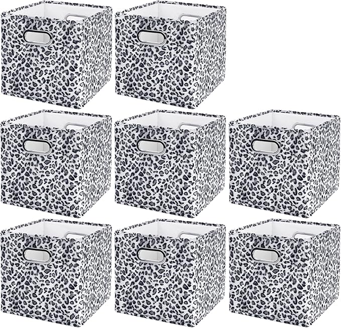 ANMINY 8PCS Storage Cubes Leopard Cheetah Print Velvet Fabric Storage Bins for Shelves, Collapsible Washable Closet Storage Baskets Boxes with Handles for Organizing and Storage -Gray, 11"x 11"x 11"
