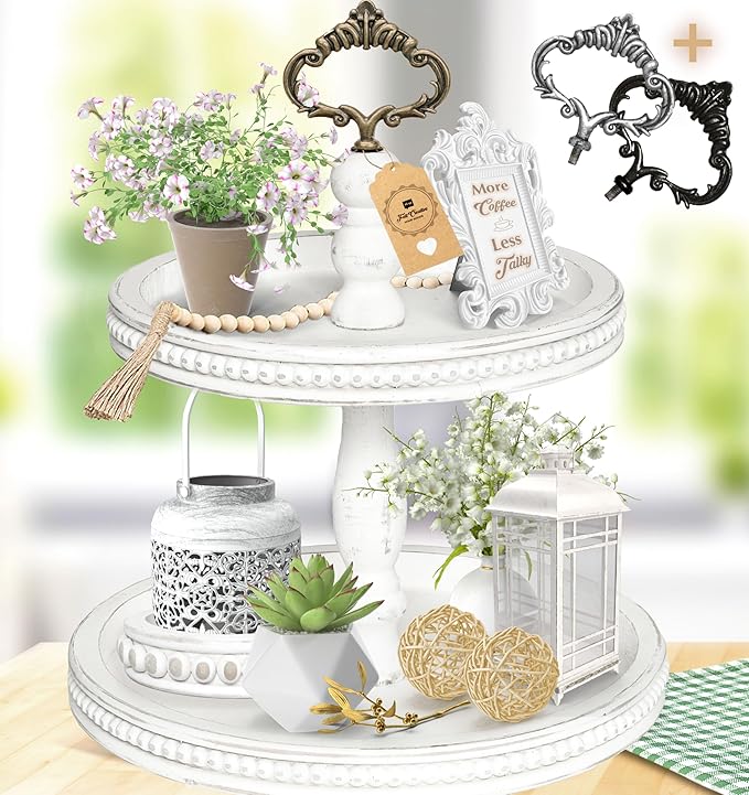 2 Tiered Tray Wooden Serving Stand by Felt Creative Home Goods. Small Shabby Chic Beaded Tray for Home Decor Display Farmhouse Country Decoration Kitchen or Dining. Includes 3 Custom Handles (White)