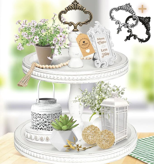 2 Tiered Tray Wooden Serving Stand by Felt Creative Home Goods. Small Shabby Chic Beaded Tray for Home Decor Display Farmhouse Country Decoration Kitchen or Dining. Includes 3 Custom Handles (White)