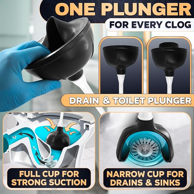 2-in-1 White Toilet Brush and Plunger Set with Holder – Compact Bathroom Cleaning Combo, Strong Rubber Plunger & Stiff Bristle Brush, Space-Saving Stand, Fits Most Standard Toilets, 9.3×6.3×15.2 inch