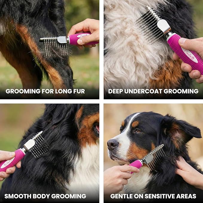 Poodle Dematting Fur Rake Comb Brush for Dogs and Cats - Long 2.5" Steel Safety Blades Metal Comb for Detangling Matted or Knotted Undercoat Hair