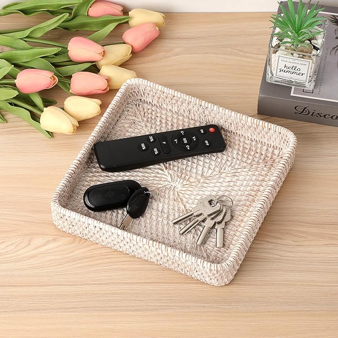 Hipiwe Key Basket for Entryway Table Handwoven Wicker Fruit Tray for Organizing Decor Rattan Serving Tray for Kitchen Living Room Bathroom, Whitewash