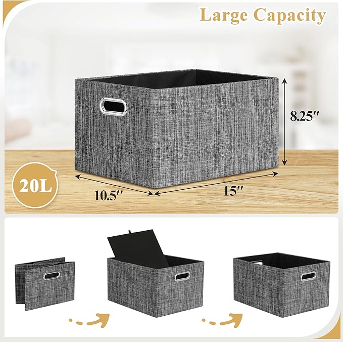 Posprica Closet Storage Bins, 4 Pack Closet Shelf Organizers, Linen Fabric Decorative Storage Baskets for Organizing, Foldable Storage Box for Clothes, Toy, 15x10.5x8.25 Inch (Black)