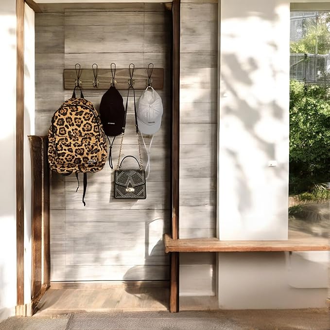 Wooden Coat Rack Wall Mount, 24" Pine with 5 Heavy Duty Antique Gold Hooks, Distressed Espresso Rustic Farmhouse for Entryway, Hallway, Bathroom, or Bedroom