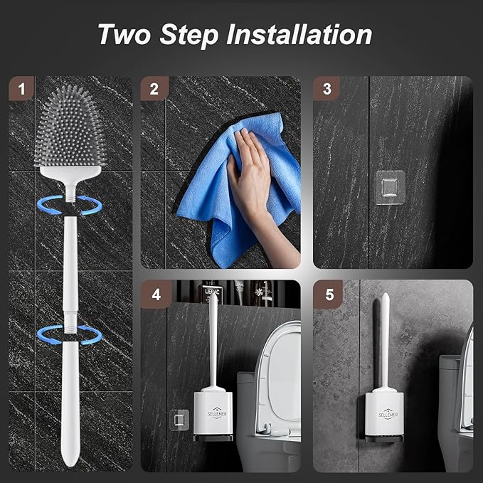 Sellemer Toilet Brush and Holder Set - Flexible Toilet Bowl Brush Head with Silicone Bristles, Compact Size for Storage and Organization, Ventilation Slots Base (1 Pack, White)